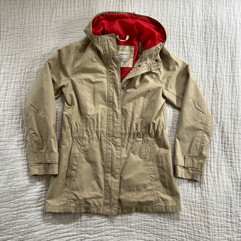 Vintage Eddie Bauer Hooded Rain Coat Womens Small Tan